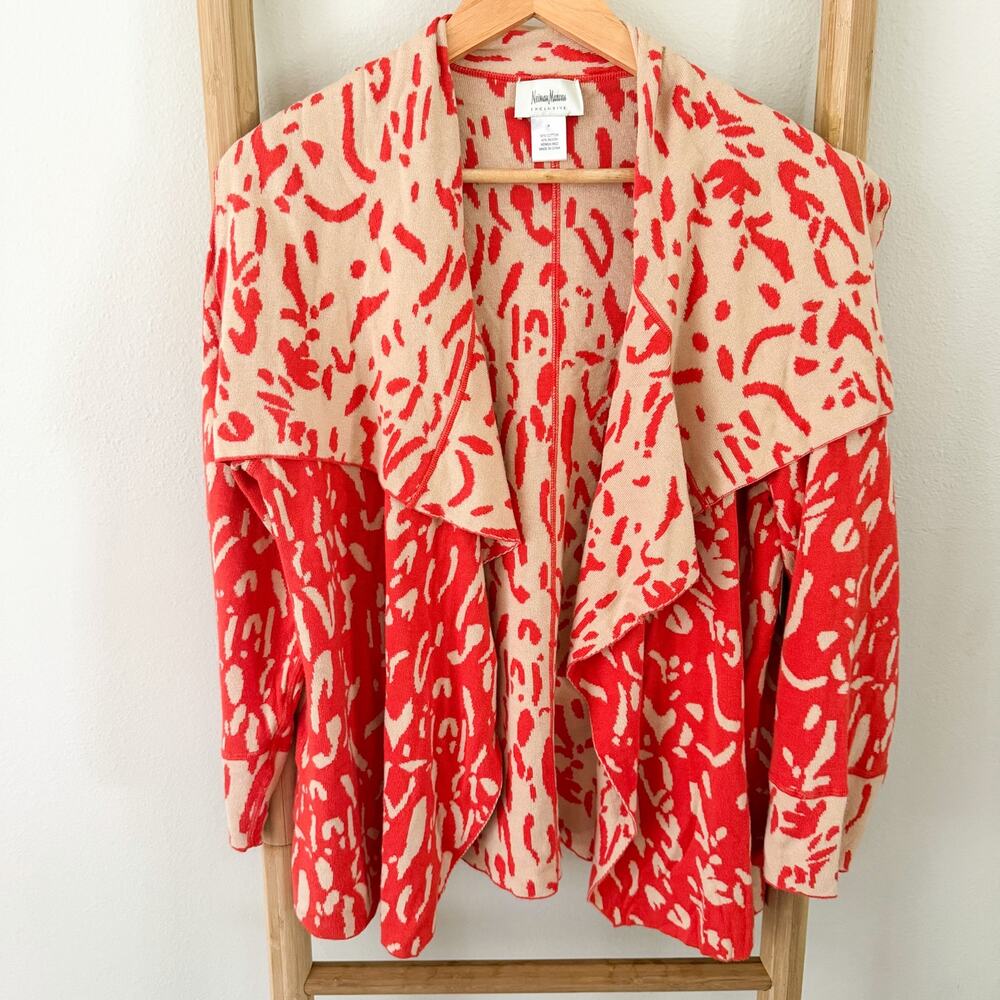 Neiman Marcus Exclusive Draped Open Front Cardigan Sweater Red Beige Abstract M